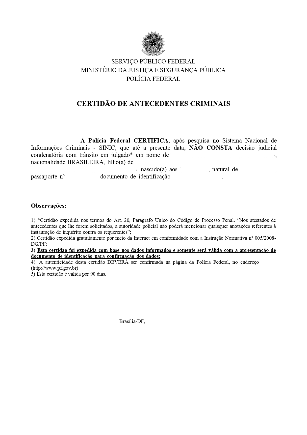 Certified Translation of Brazilian Criminal Record Certificate from Portuguese to English