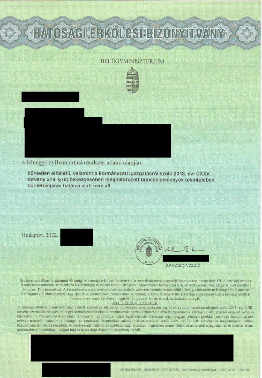 Certified Translation of Hungarian Criminal Record Certificate from Hungarian to Englis