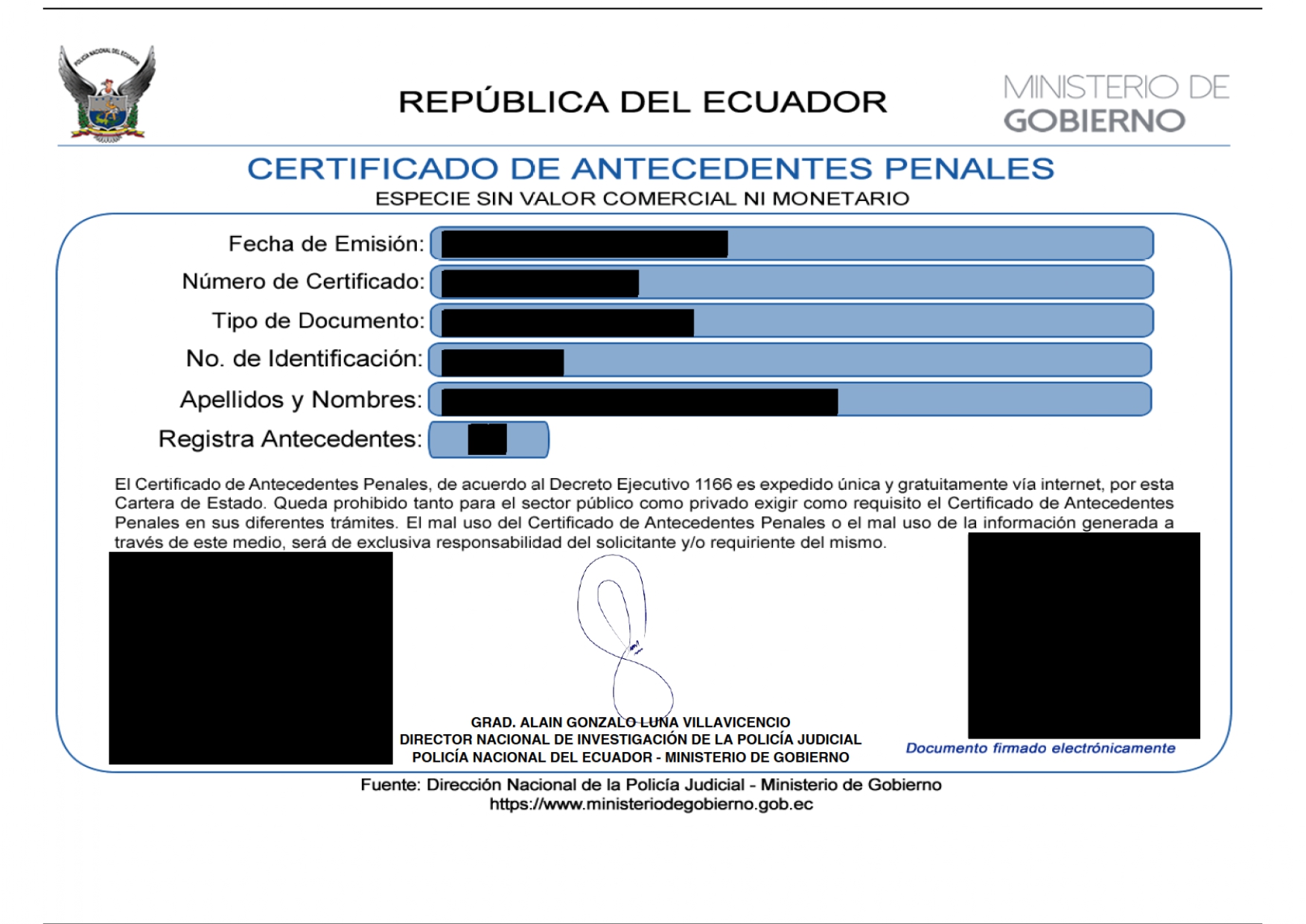 Certified Translation of Ecuador Criminal Record from Spanish to English