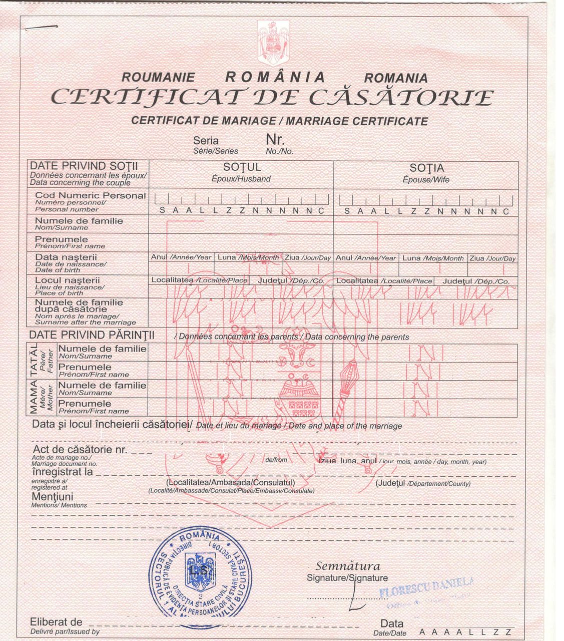 Certified Translation of Romanian Marriage Certificate from Romanian to English