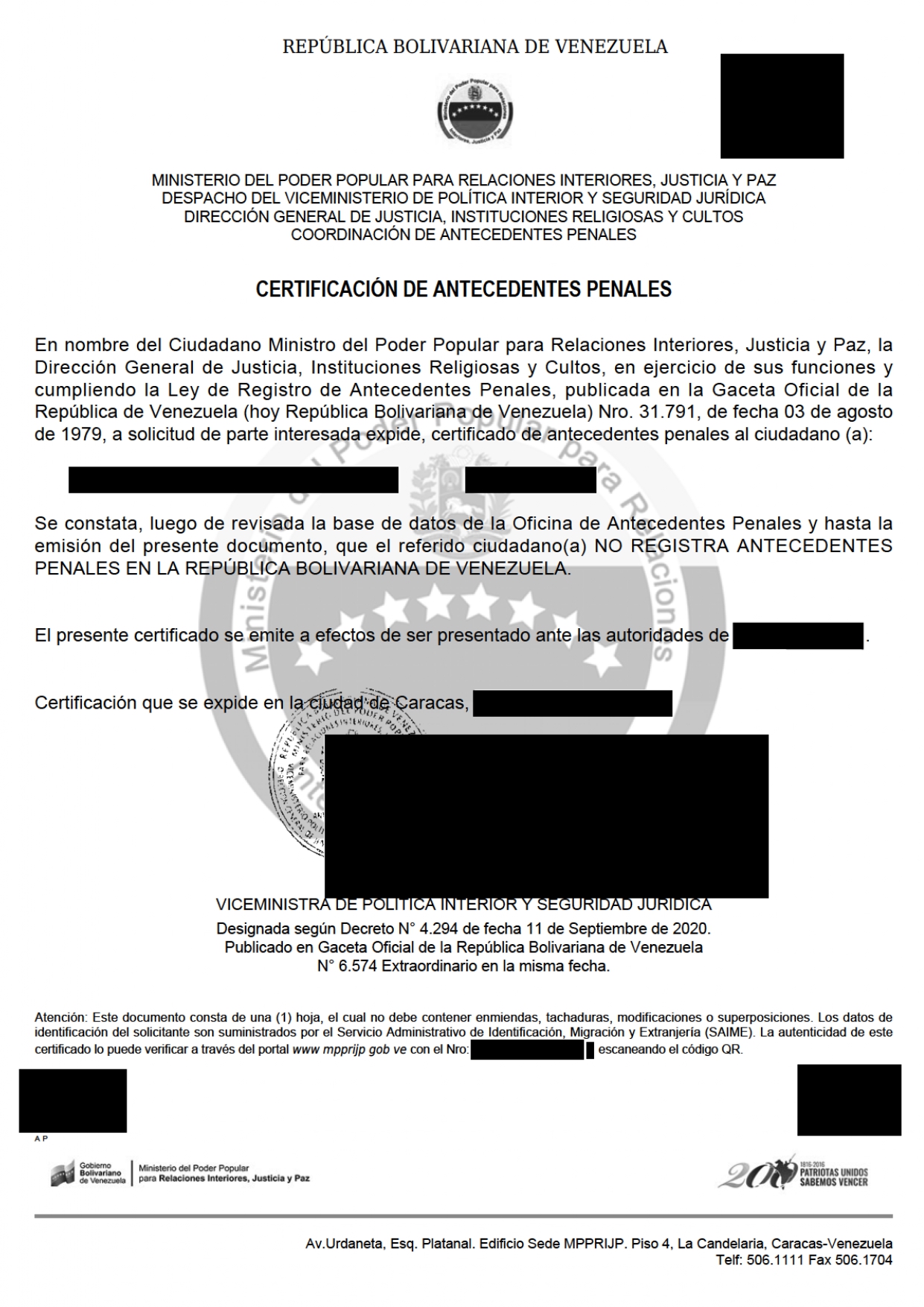 Certified Translation of Venezuelan Criminal Record from Spanish to English