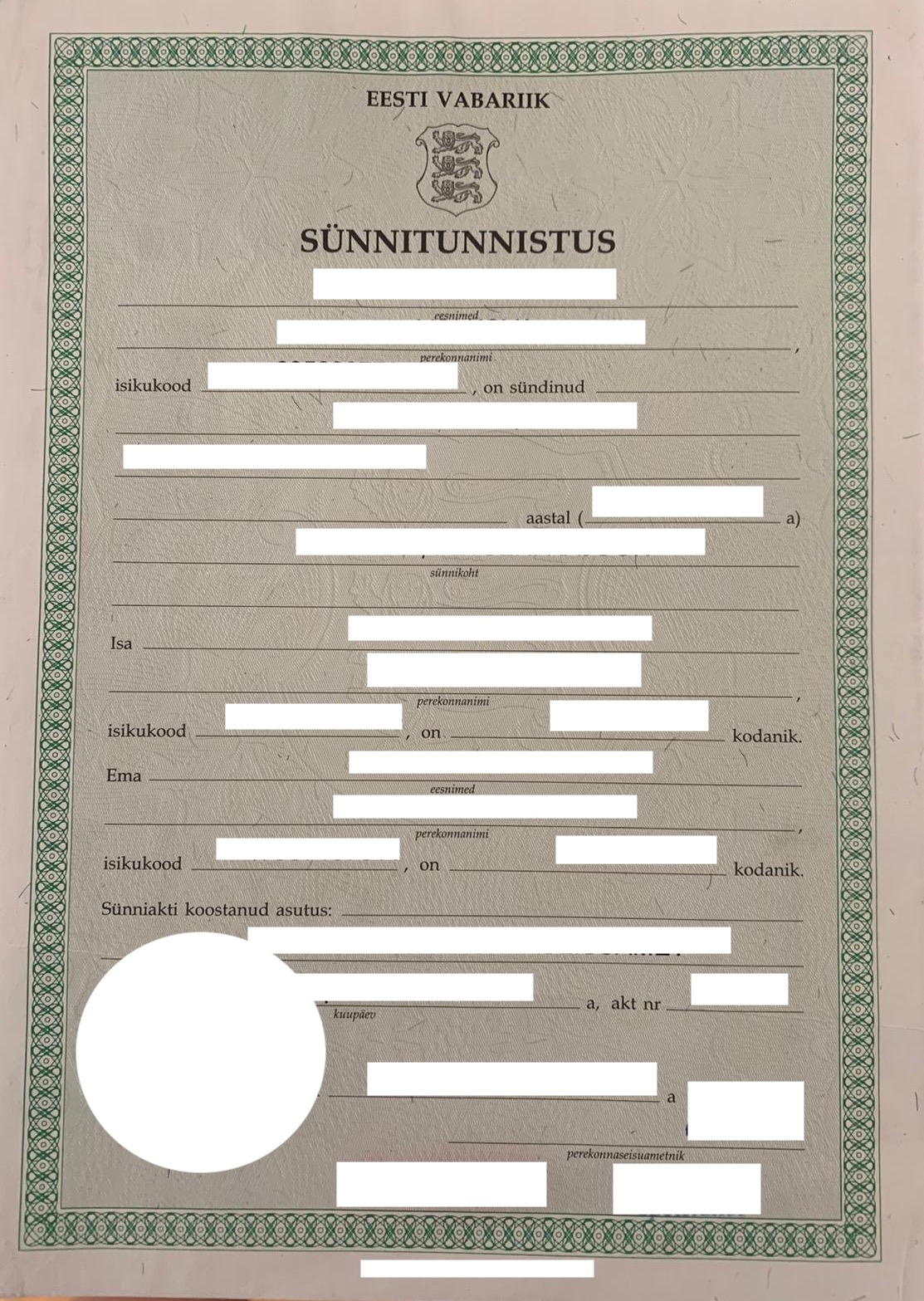 Estonian Birth Certificate to English