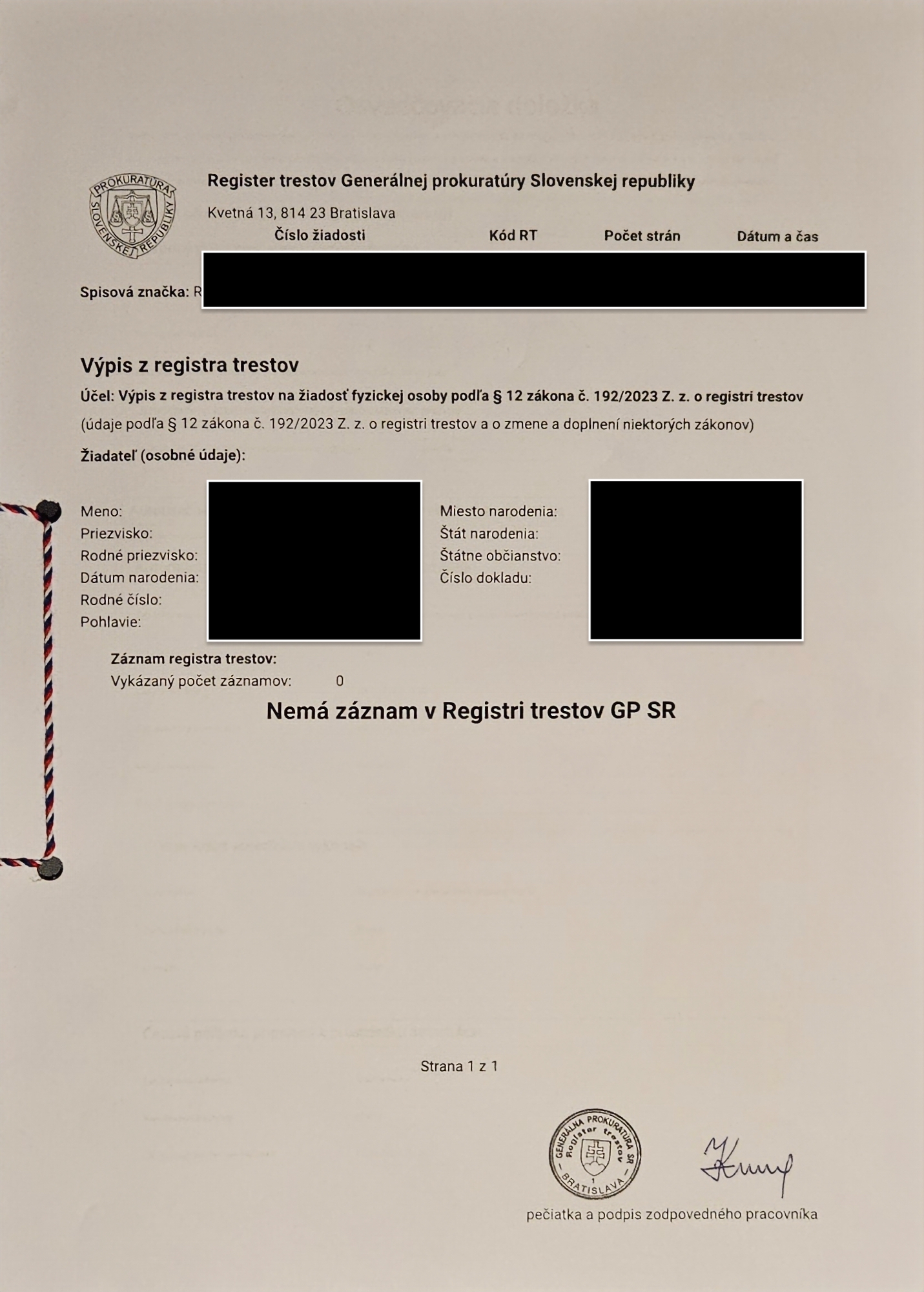 Certified Translation of Slovakian Criminal Record from Slovak to English