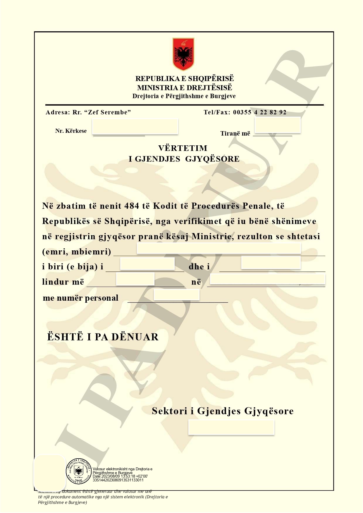 Certified Translation of Albanian Criminal Record Certificate from Albanian to English