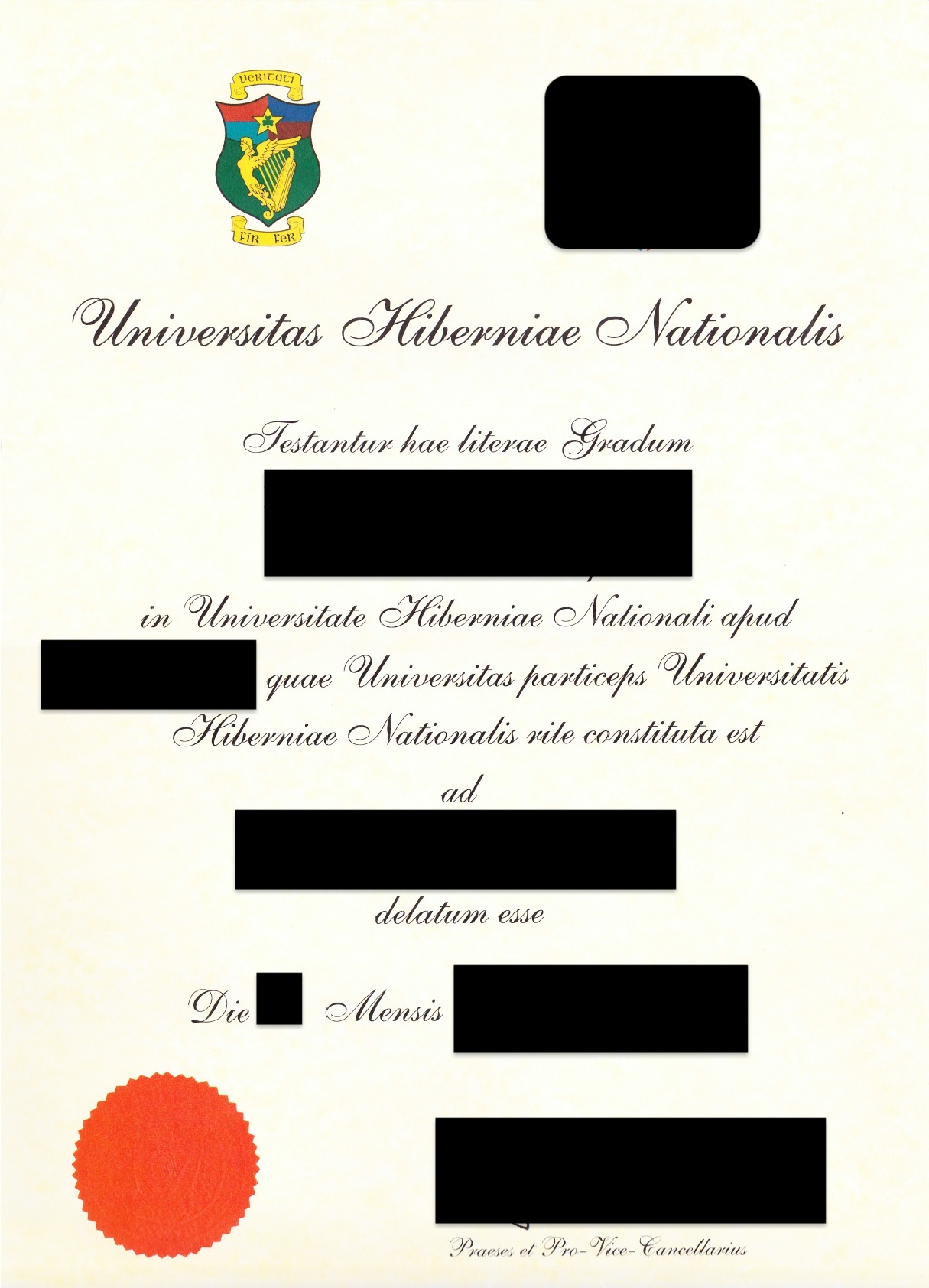 Certified Translation of National University of Ireland Degree from Latin to English